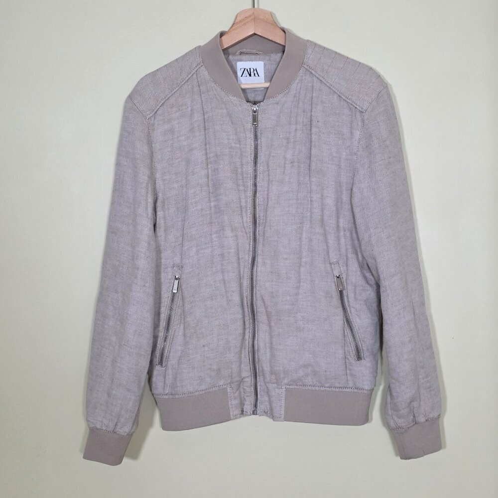 Zara Canvas Bomber Jacket Mens M Beige Linen Cotton Full Zip Neutral Minimalist